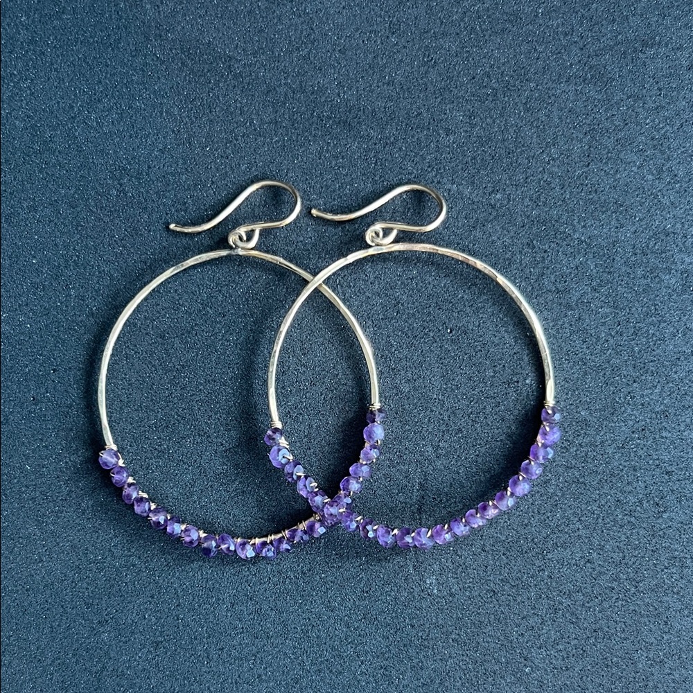 Amethyst Beaded Gold Hoop Earrings
